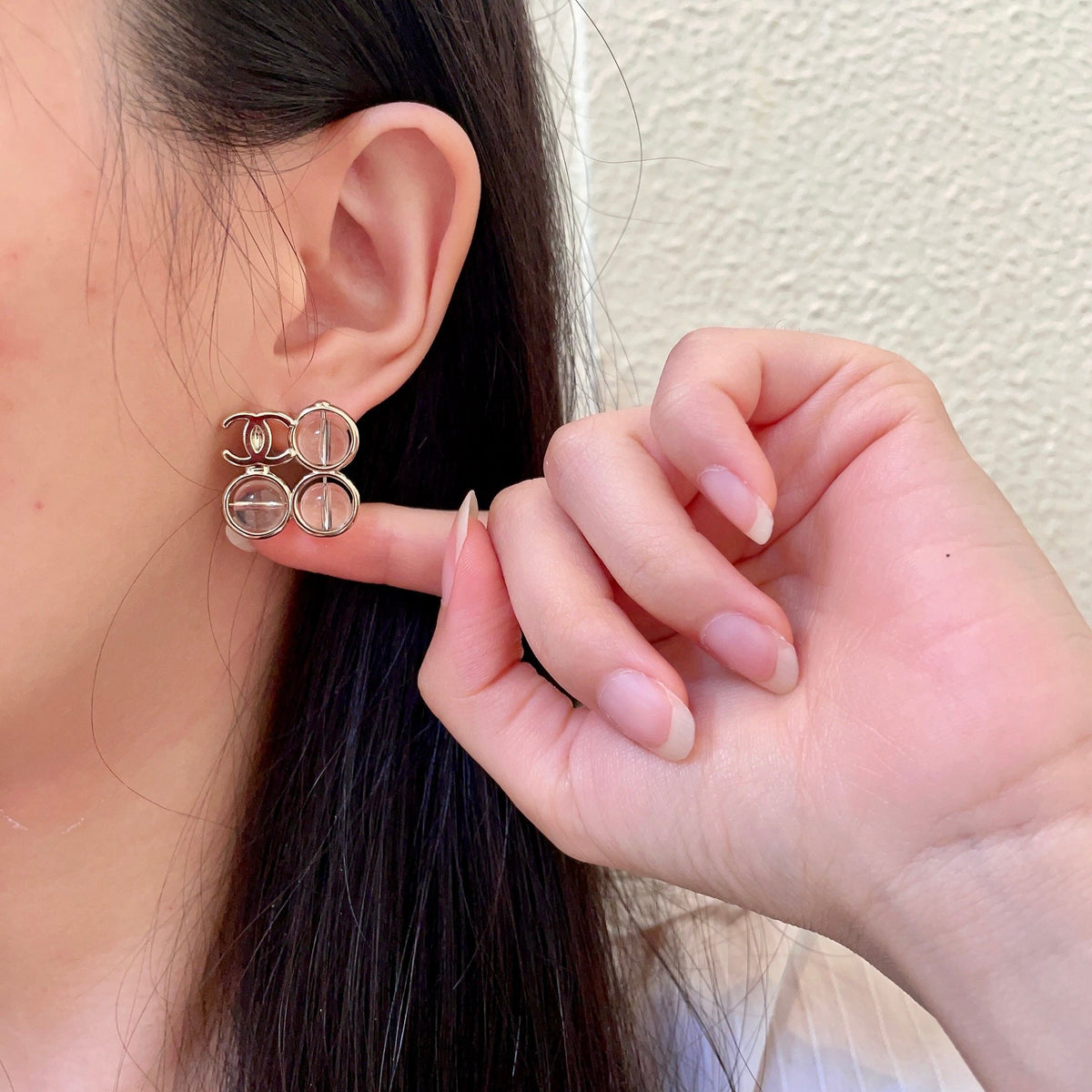 Double-C Emblem Stud Earrings in Polished Metal-Tone – Design 373 front product view
