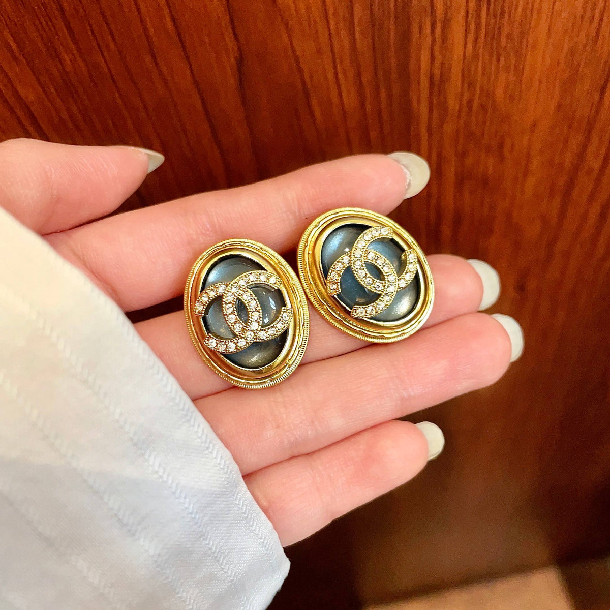 Double-C Emblem Crystal-Accent Stud Earrings – Design 020 side detail