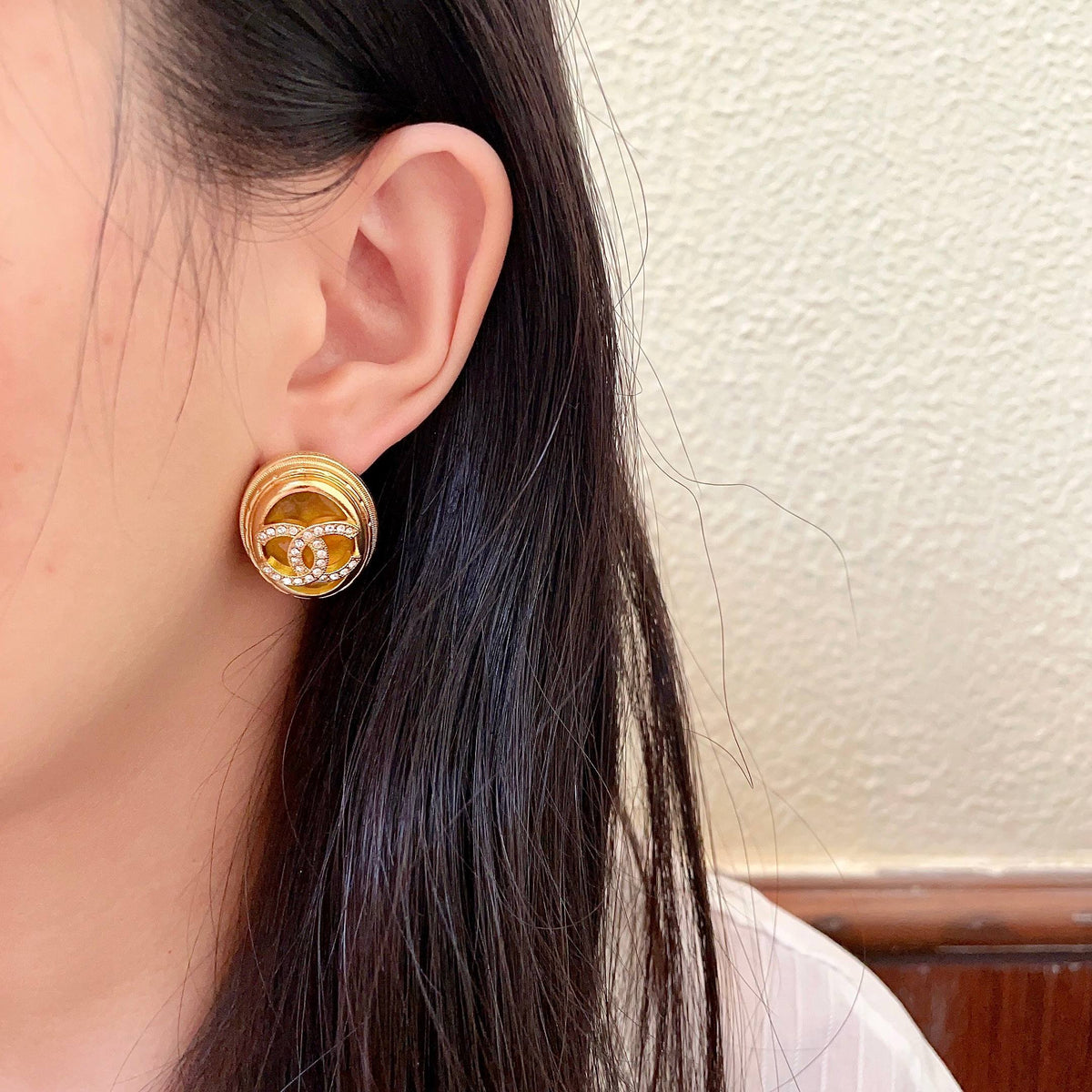 Double-C Emblem Crystal-Accent Stud Earrings – Design 021 detail view