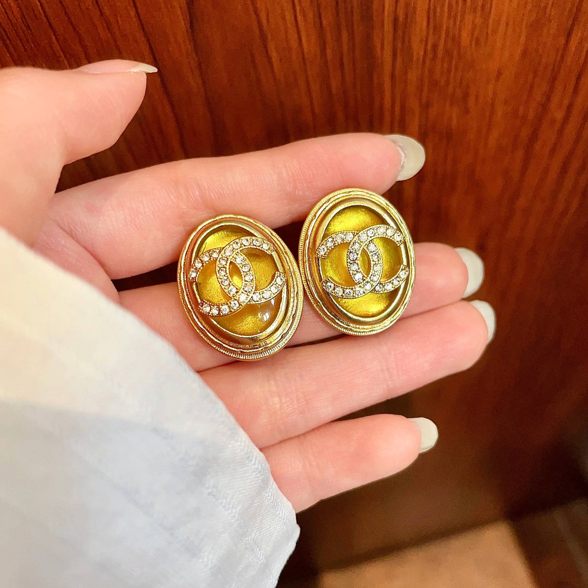Double-C Emblem Crystal-Accent Stud Earrings – Design 021 side detail