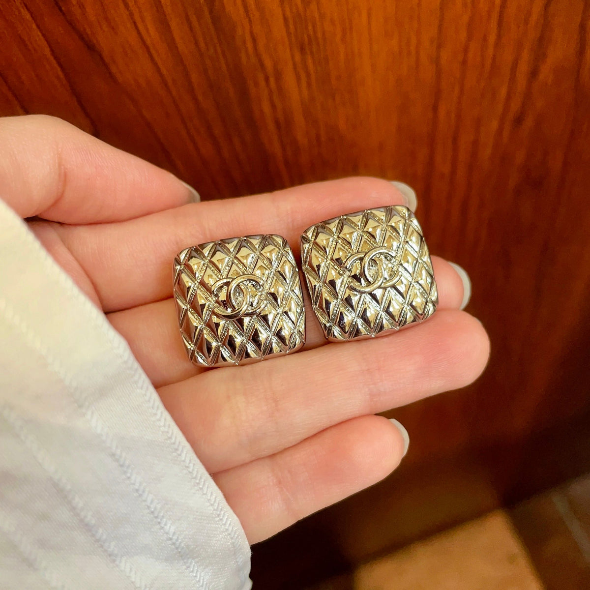 Double-C Emblem Stud Earrings in Polished Metal-Tone – Design 397 side detail