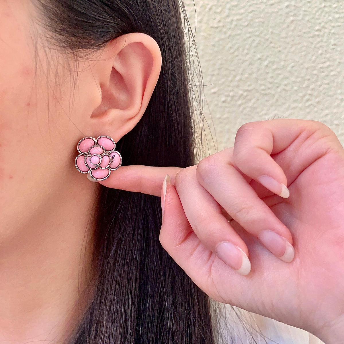 Camellia Stud Earrings in Polished Metal-Tone – Camellia Detail – Design 059 front product view