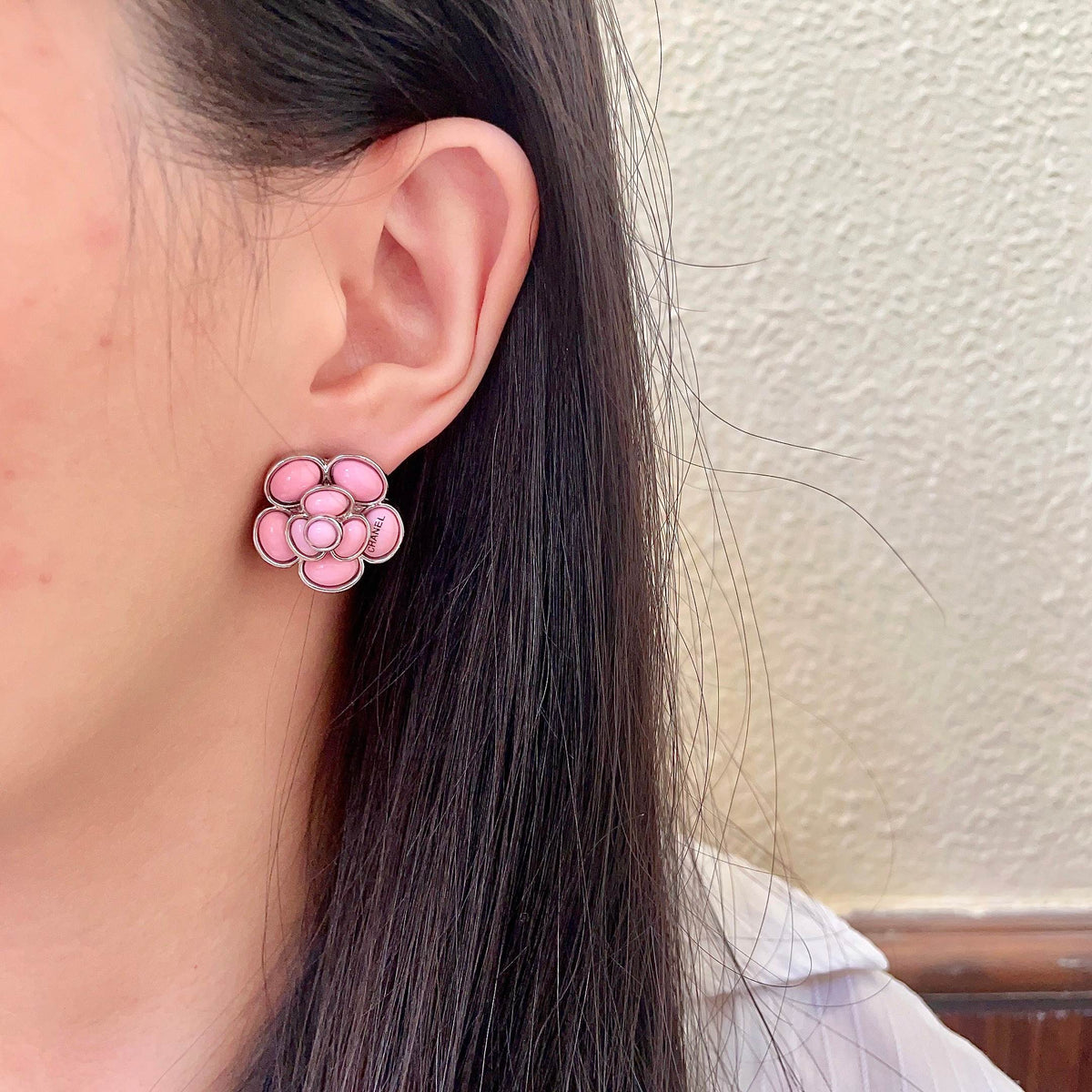 Camellia Stud Earrings in Polished Metal-Tone – Camellia Detail – Design 059 detail view