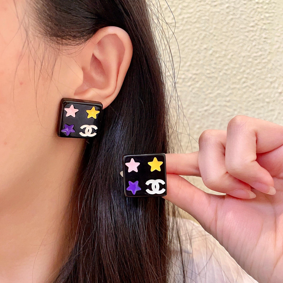 Double-C Emblem Stud Earrings in Polished Metal-Tone – Star Detail – Design 004 main product view