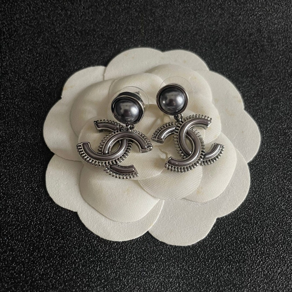 Double-C Emblem Pearl-Detail Statement Earrings – Pearl Detail – Design 013 front product view