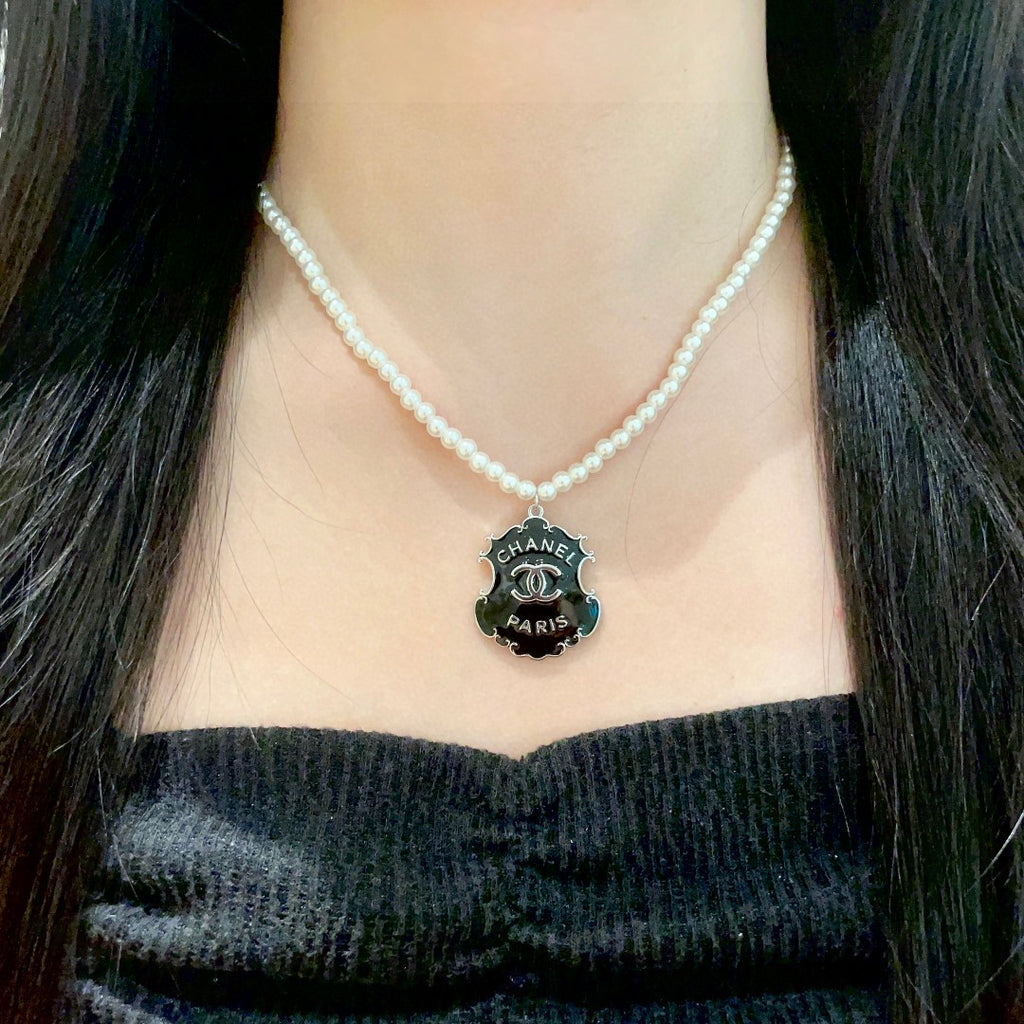 Double-C Emblem Pearl-Detail Pendant Necklace – Pearl Detail – Design 033 detail view
