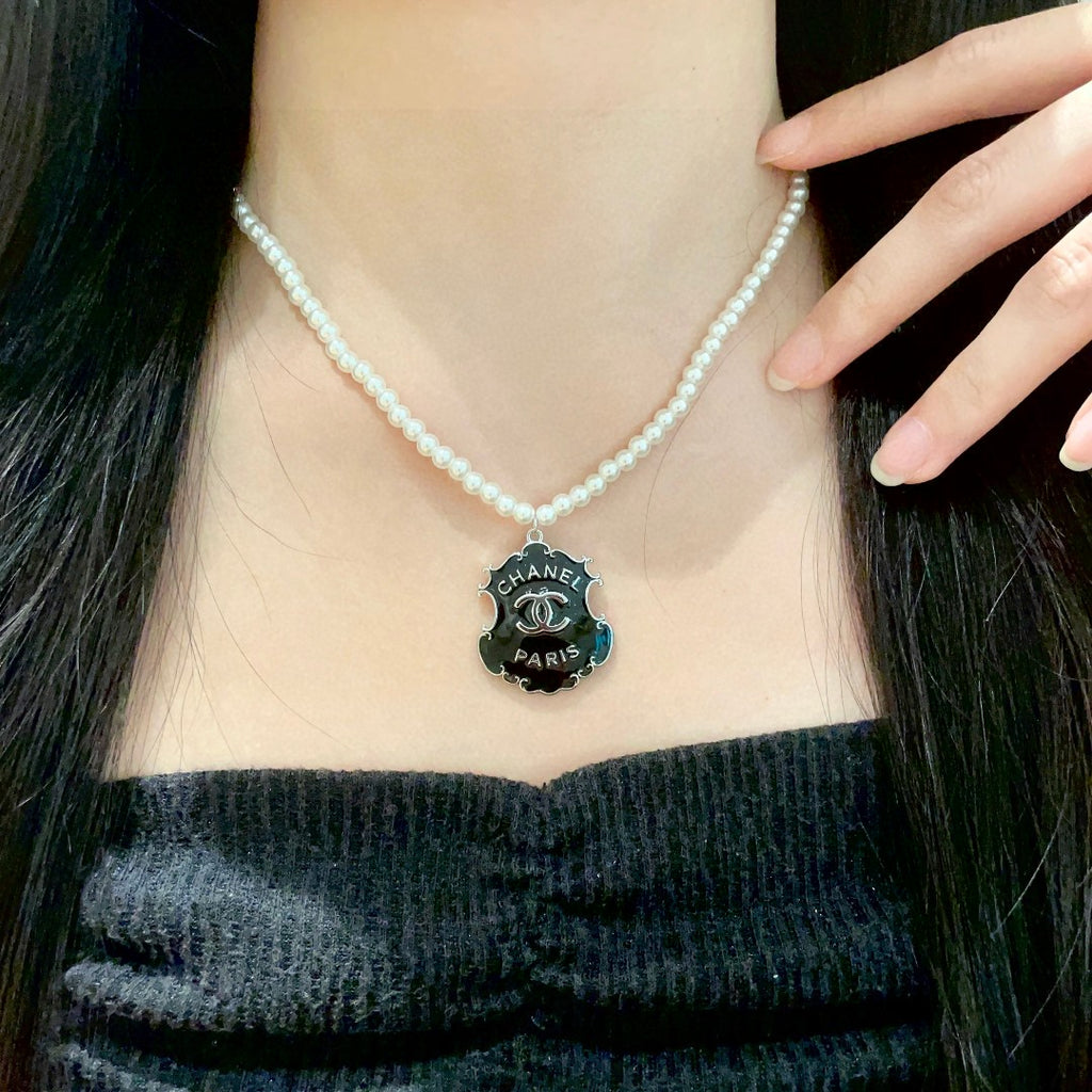 Double-C Emblem Pearl-Detail Pendant Necklace – Pearl Detail – Design 033 main product view