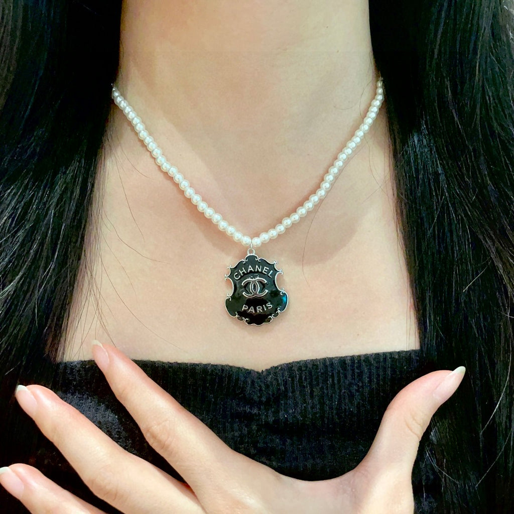 Double-C Emblem Pearl-Detail Pendant Necklace – Pearl Detail – Design 033 front product view