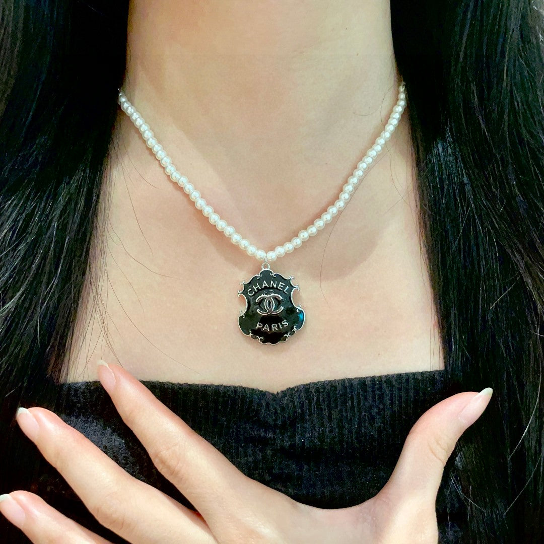 Double-C Emblem Pearl-Detail Pendant Necklace – Pearl Detail – Design 033 front product view