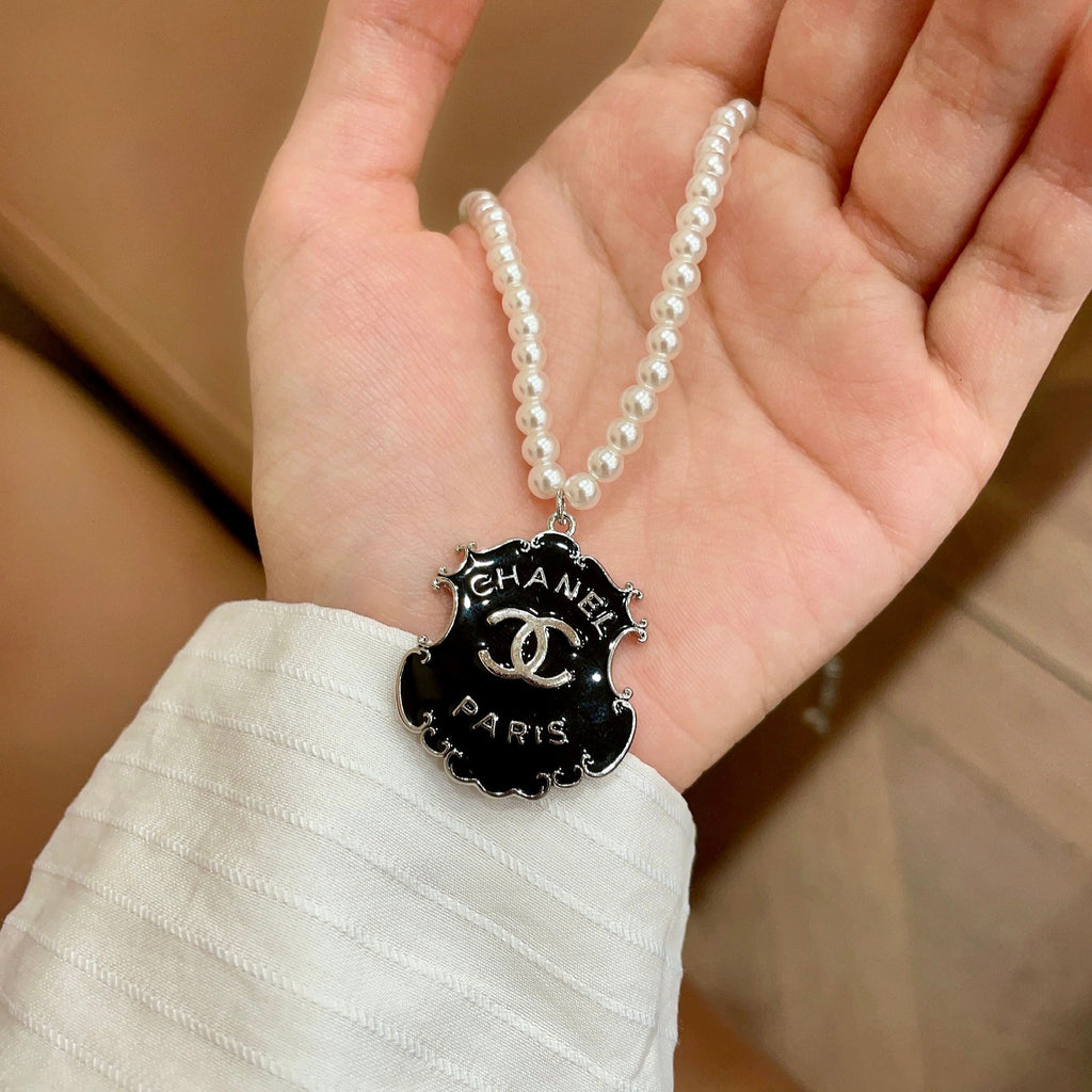 Double-C Emblem Pearl-Detail Pendant Necklace – Pearl Detail – Design 033 side detail
