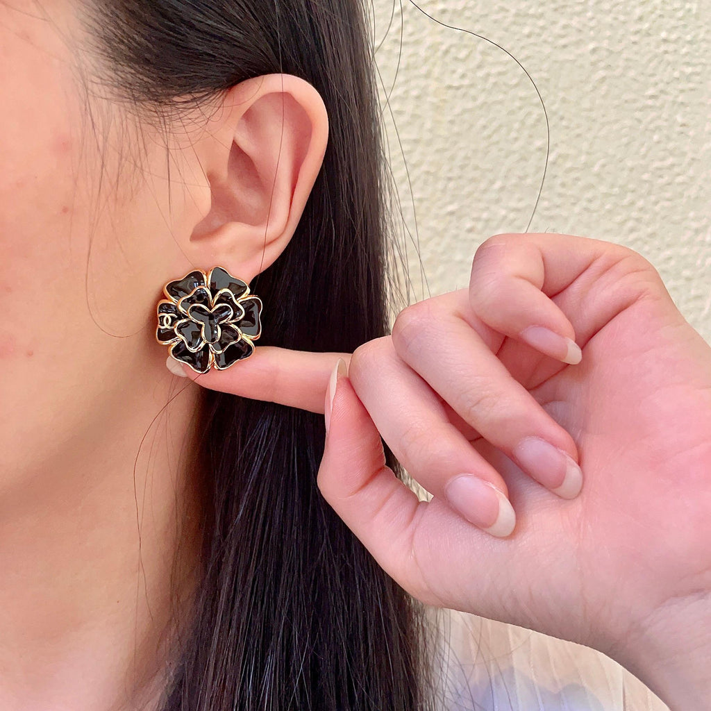 Camellia Stud Earrings in Polished Metal-Tone – Camellia Detail – Design 025 front product view