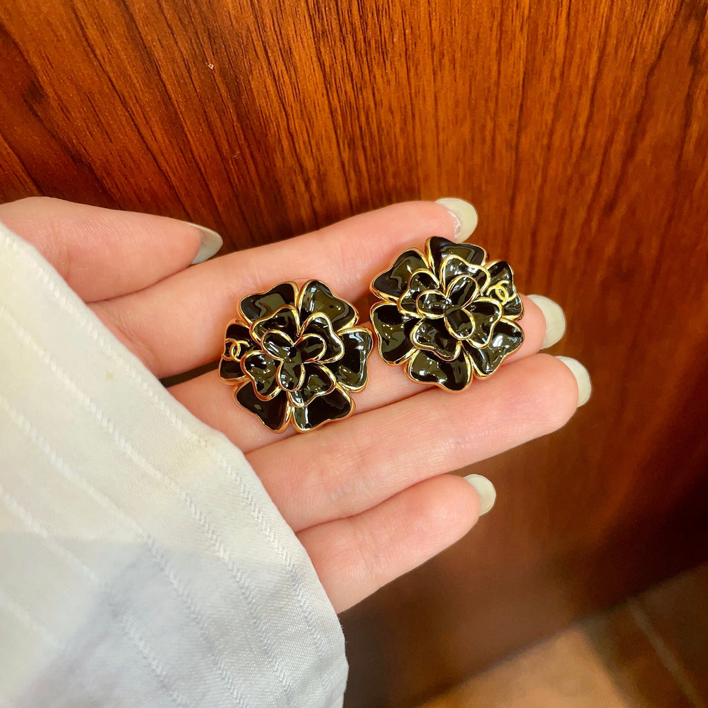 Camellia Stud Earrings in Polished Metal-Tone – Camellia Detail – Design 025 side detail