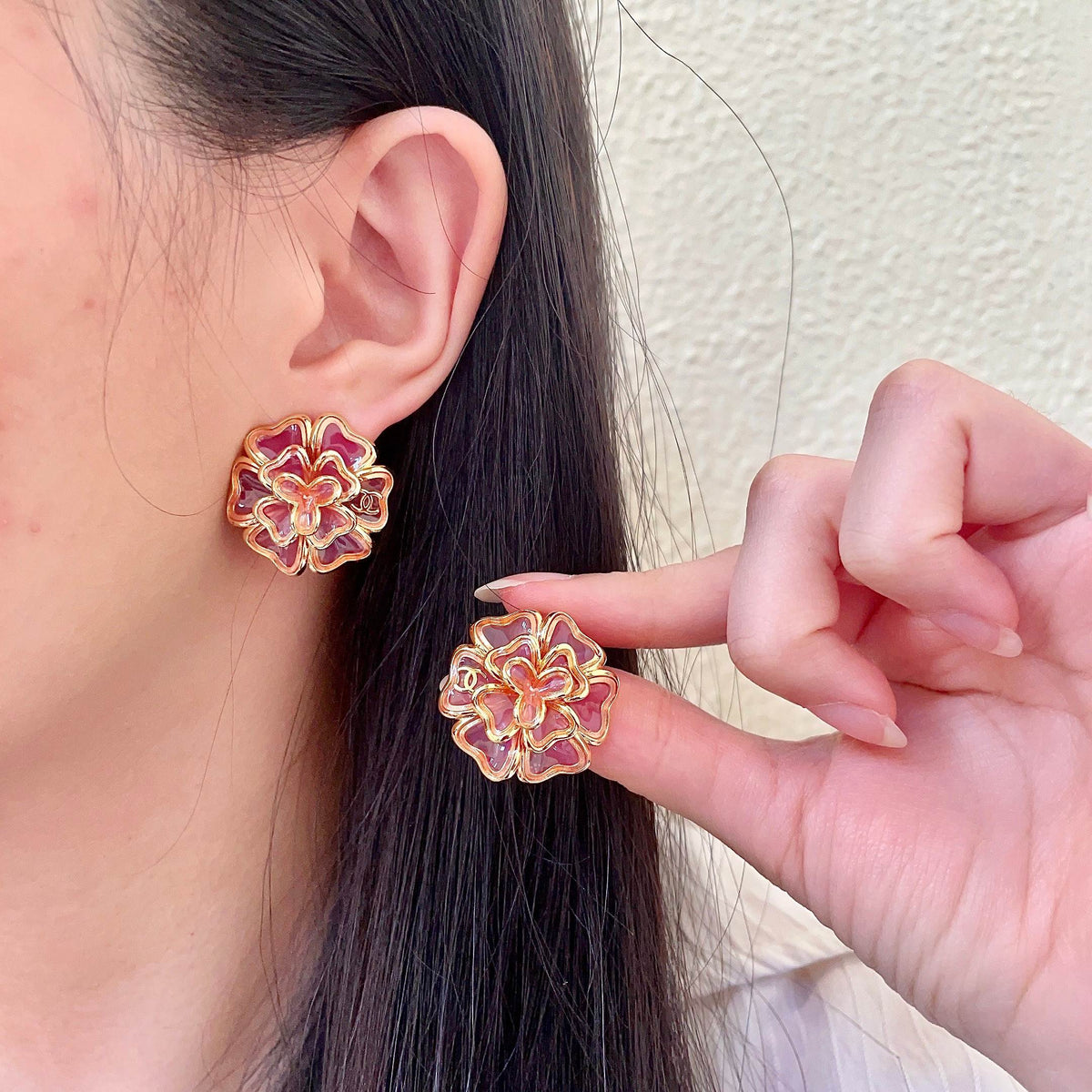 Camellia Stud Earrings in Polished Metal-Tone – Camellia Detail – Design 024 main product view