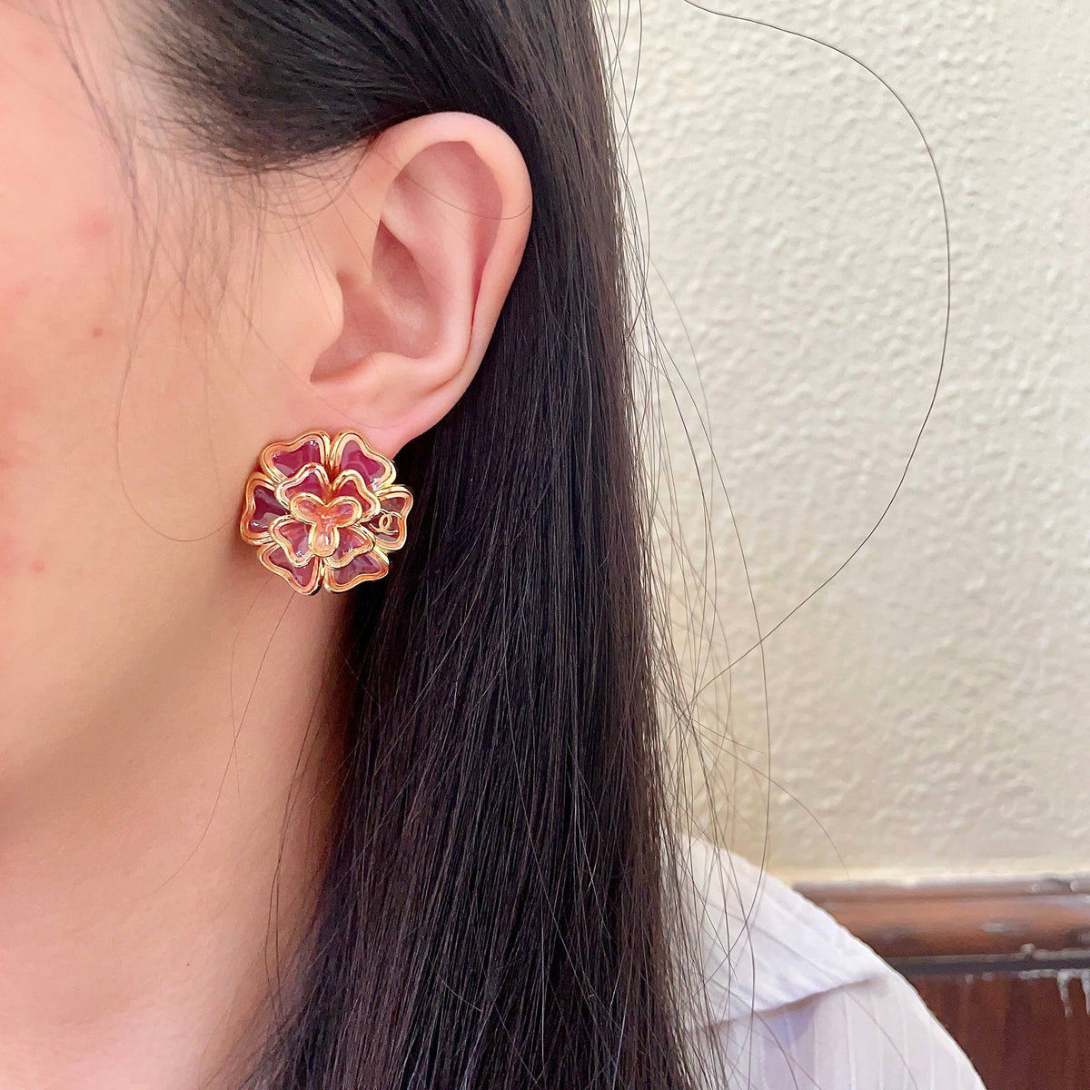 Camellia Stud Earrings in Polished Metal-Tone – Camellia Detail – Design 024 detail view