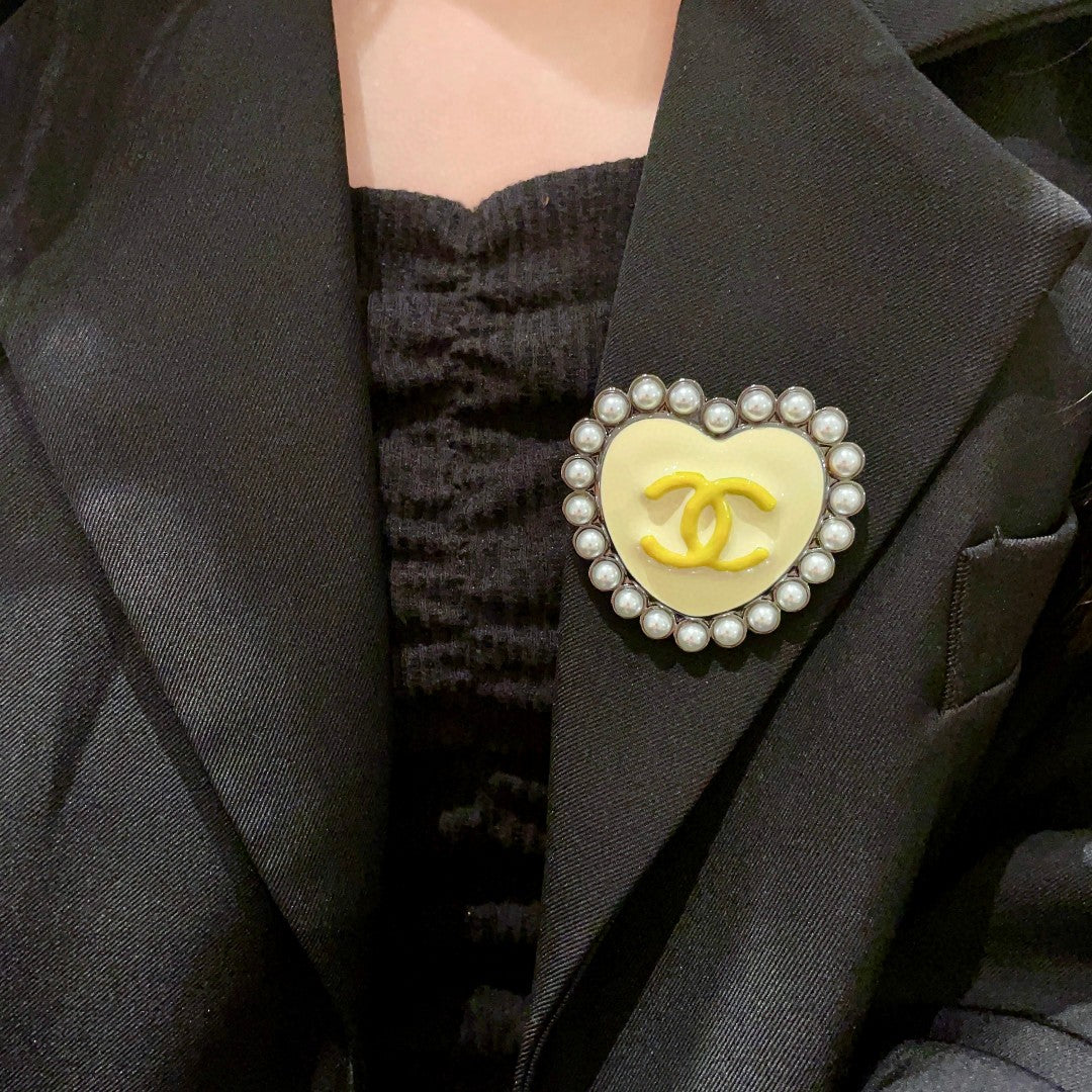Double-C Emblem Brooch in Polished Metal-Tone – Pearl Detail – Design 006 front product view
