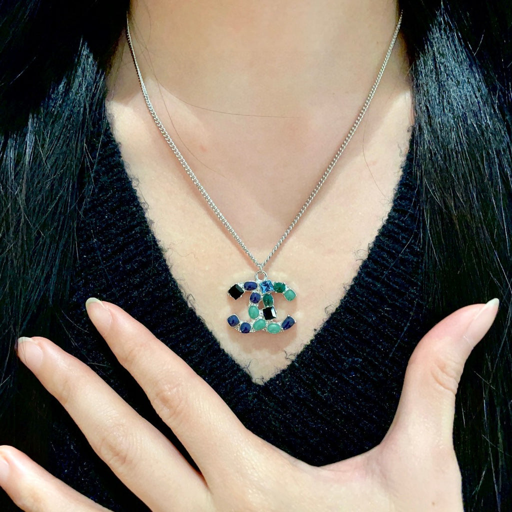 Double-C Emblem Pendant Necklace in Polished Metal-Tone – Design 077 front product view