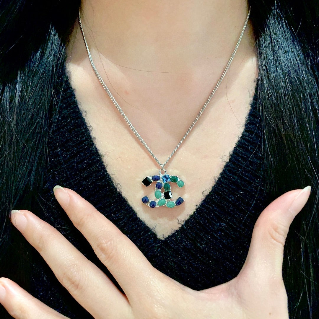 Double-C Emblem Pendant Necklace in Polished Metal-Tone – Design 045 front product view