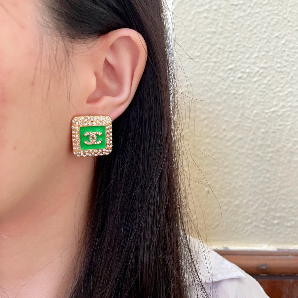 Double-C Emblem Crystal-Accent Stud Earrings – Design 025 detail view
