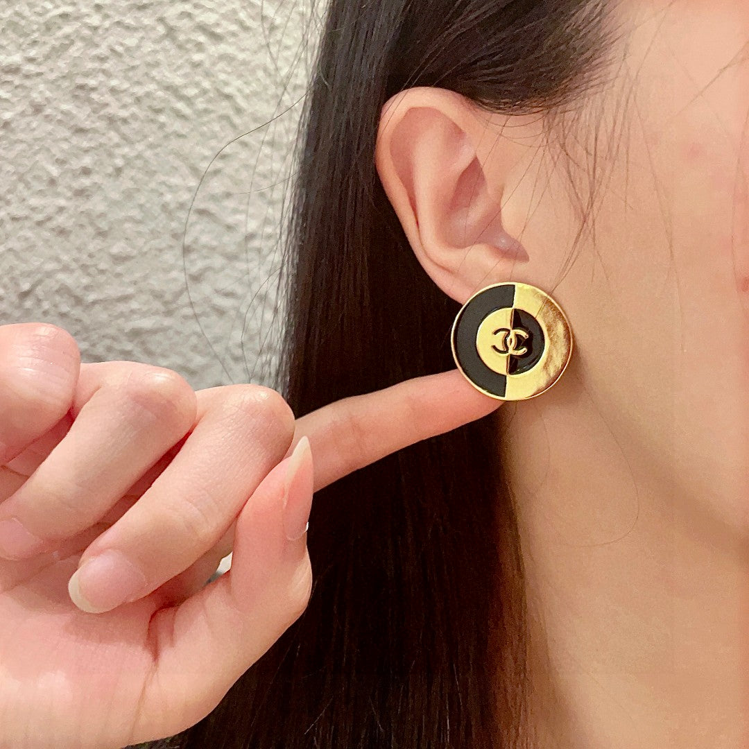Double-C Emblem Stud Earrings in Polished Metal-Tone – Design 369 front product view