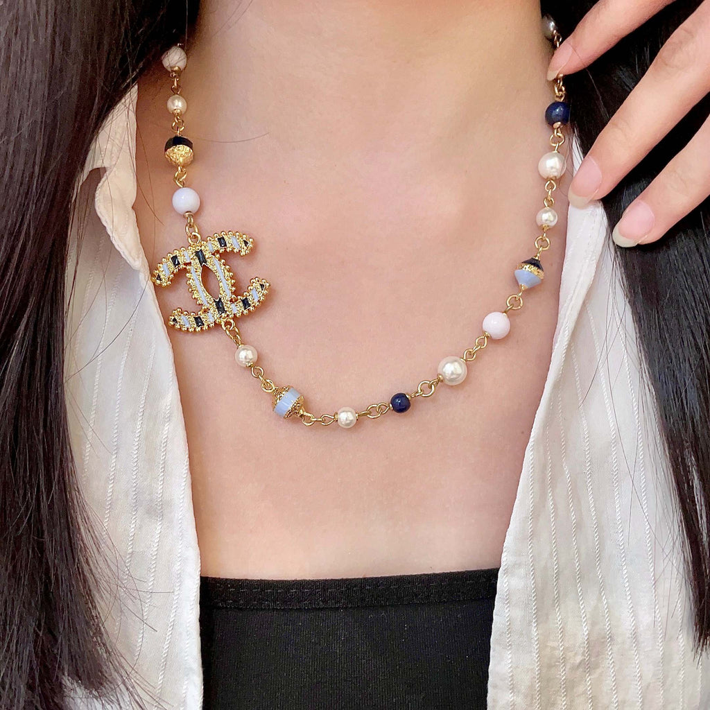 Double-C Emblem Pearl-Detail Pendant Necklace – Pearl Detail – Design 069 main product view