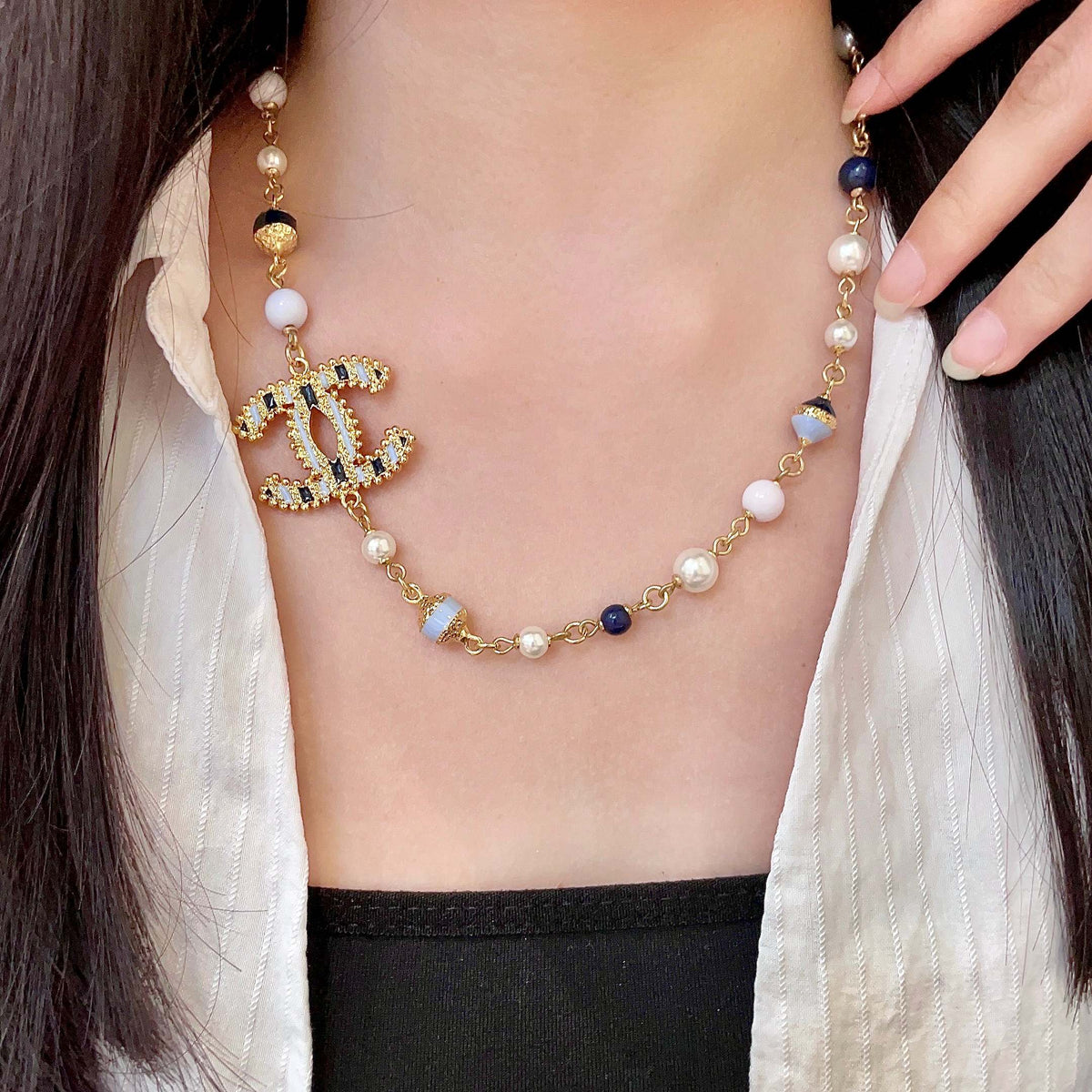 Double-C Emblem Pearl-Detail Pendant Necklace – Pearl Detail – Design 069 main product view