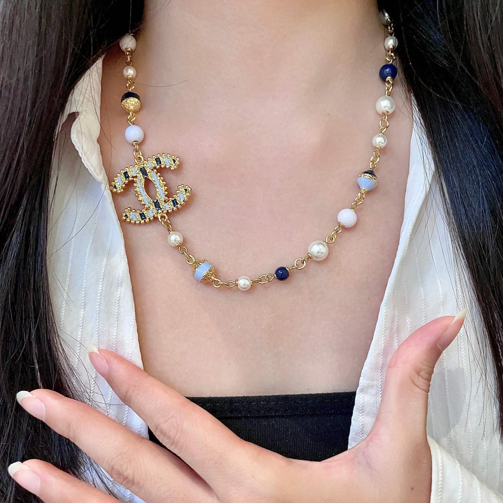 Double-C Emblem Pearl-Detail Pendant Necklace – Pearl Detail – Design 069 front product view