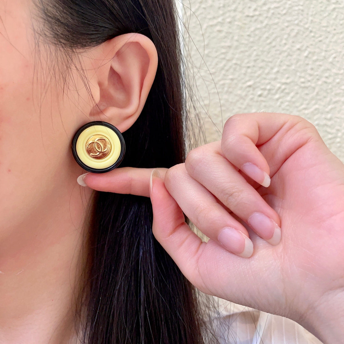 Double-C Emblem Stud Earrings in Polished Metal-Tone – Design 310 front product view