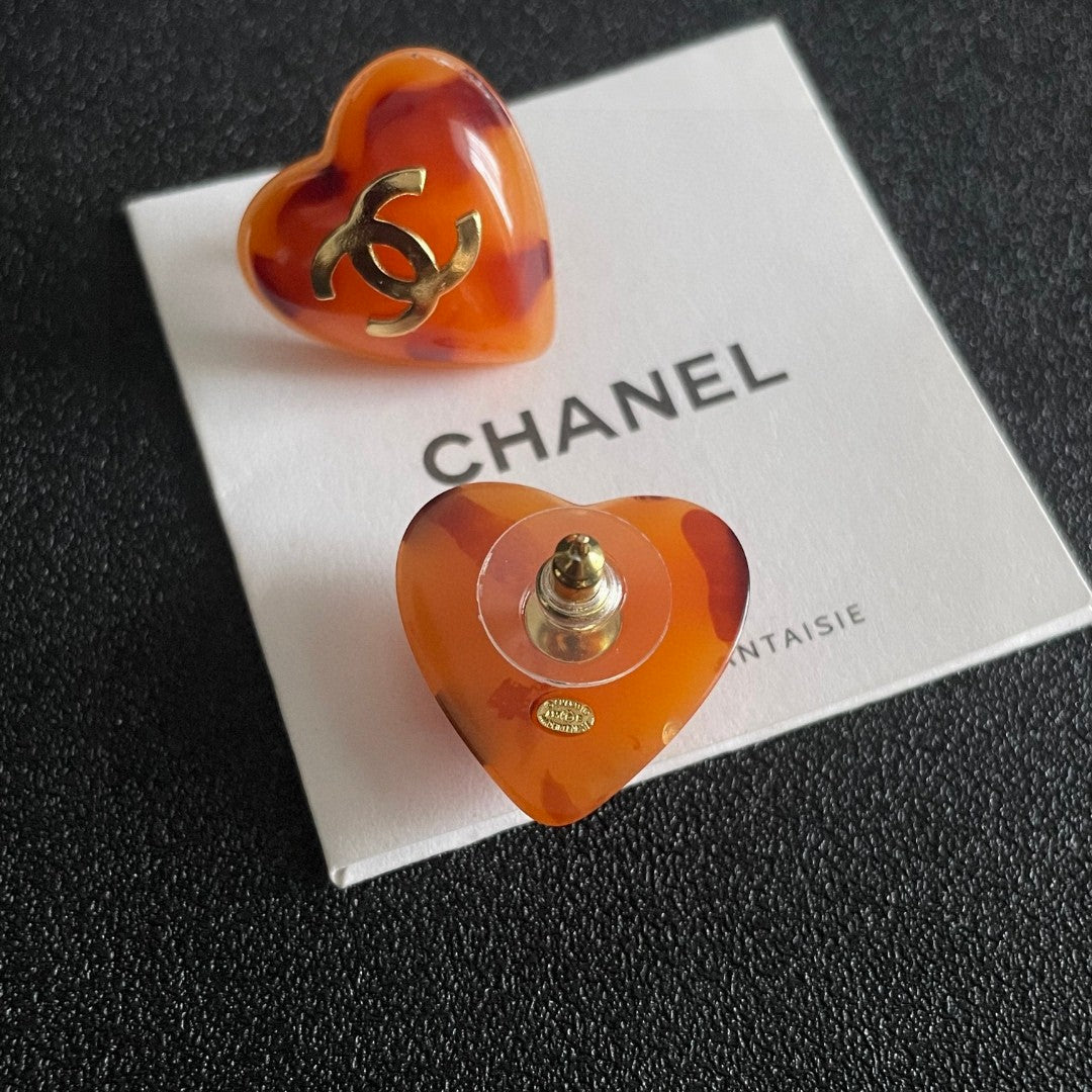 Double-C Emblem Stud Earrings in Polished Metal-Tone – Heart Detail – Design 013 main product view