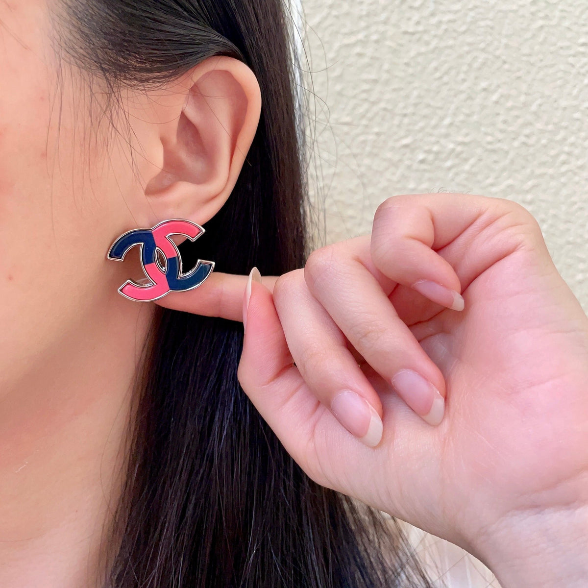 Double-C Emblem Stud Earrings in Polished Metal-Tone – Design 209 front product view