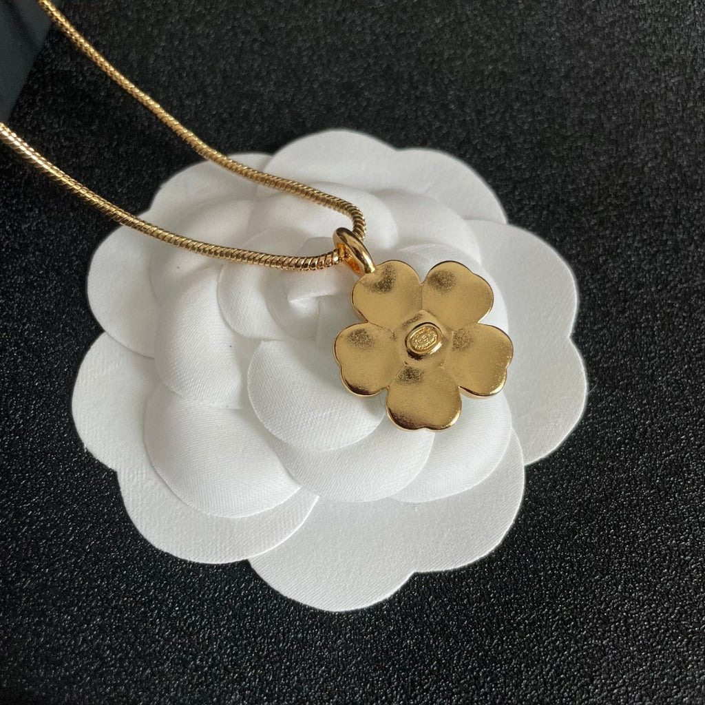 Camellia Pendant Necklace in Polished Metal-Tone – Camellia Detail – Design 016 front product view
