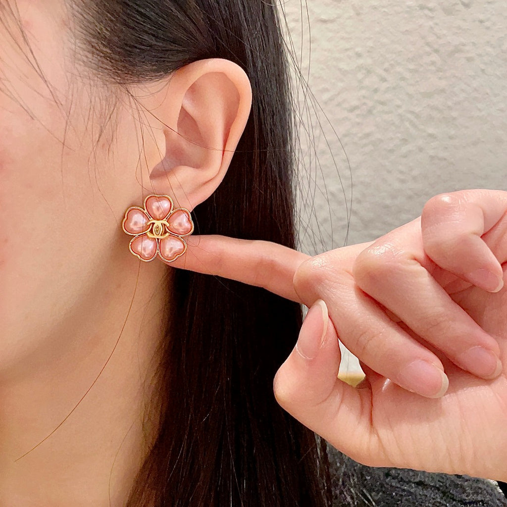 Camellia Stud Earrings in Polished Metal-Tone – Camellia Detail – Design 036 front product view