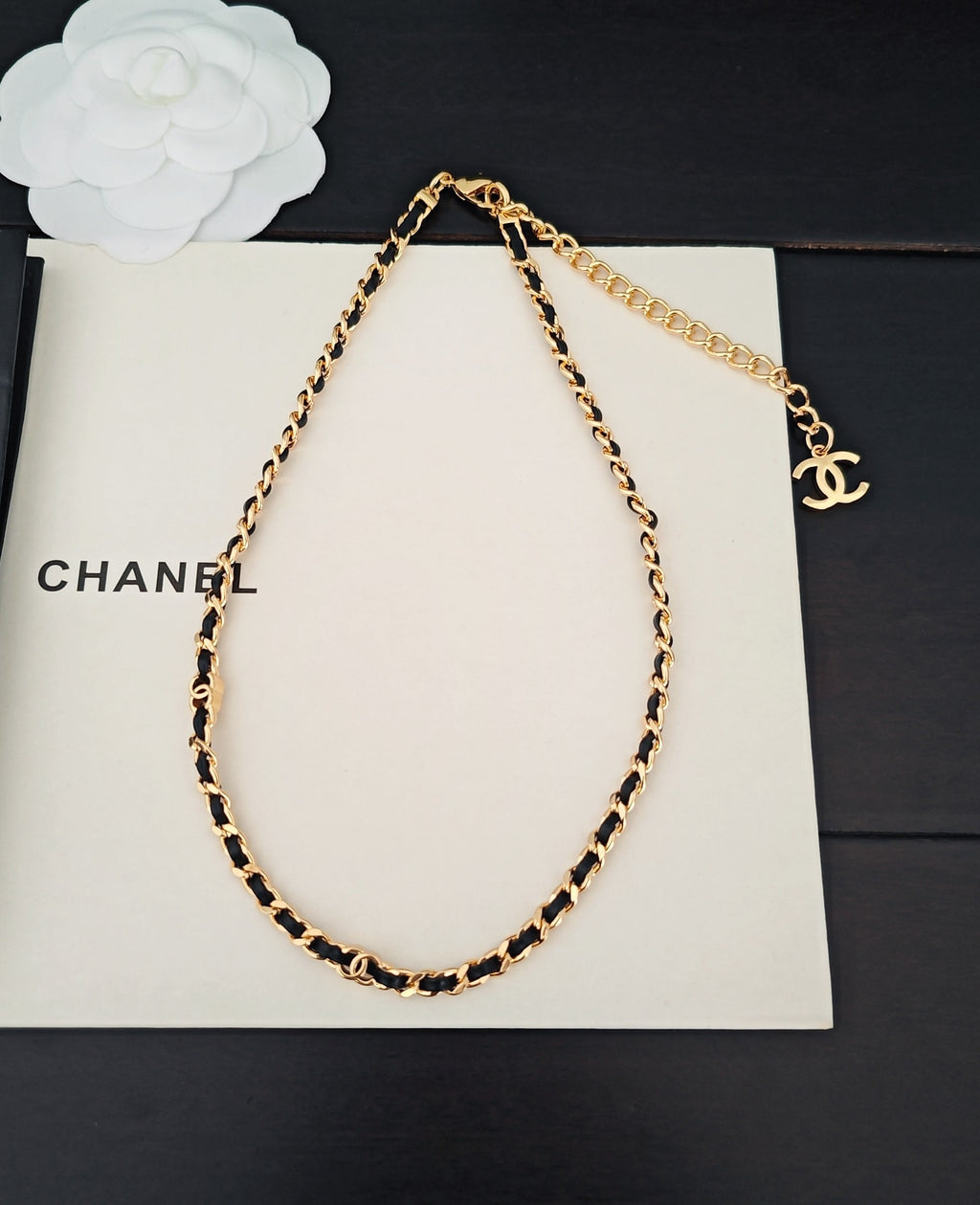Signature Emblem Pendant Necklace in Gold-Tone – Black Detail – Design 016 side detail