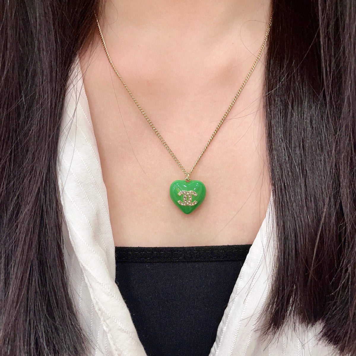 Double-C Emblem Crystal-Accent Pendant Necklace – Heart Detail – Design 004 detail view