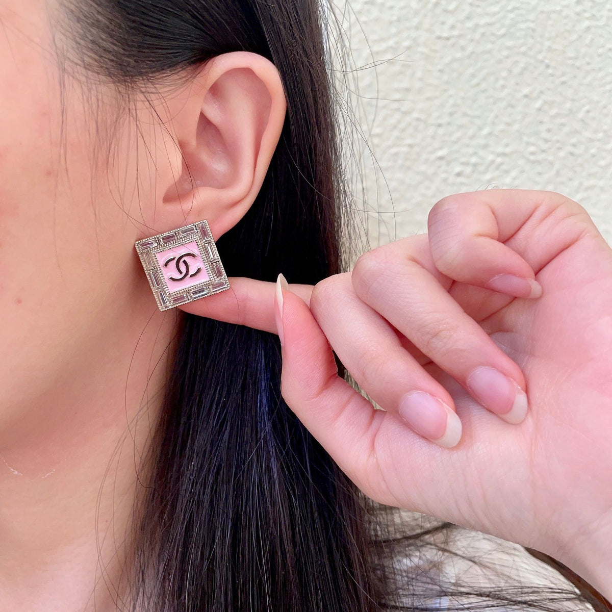 Double-C Emblem Stud Earrings in Polished Metal-Tone – Design 428 front product view