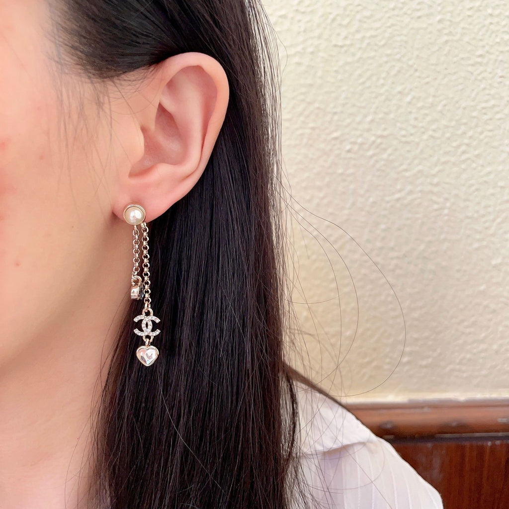 Double-C Emblem Crystal-Accent Statement Earrings – Heart Detail – Design 003 detail view