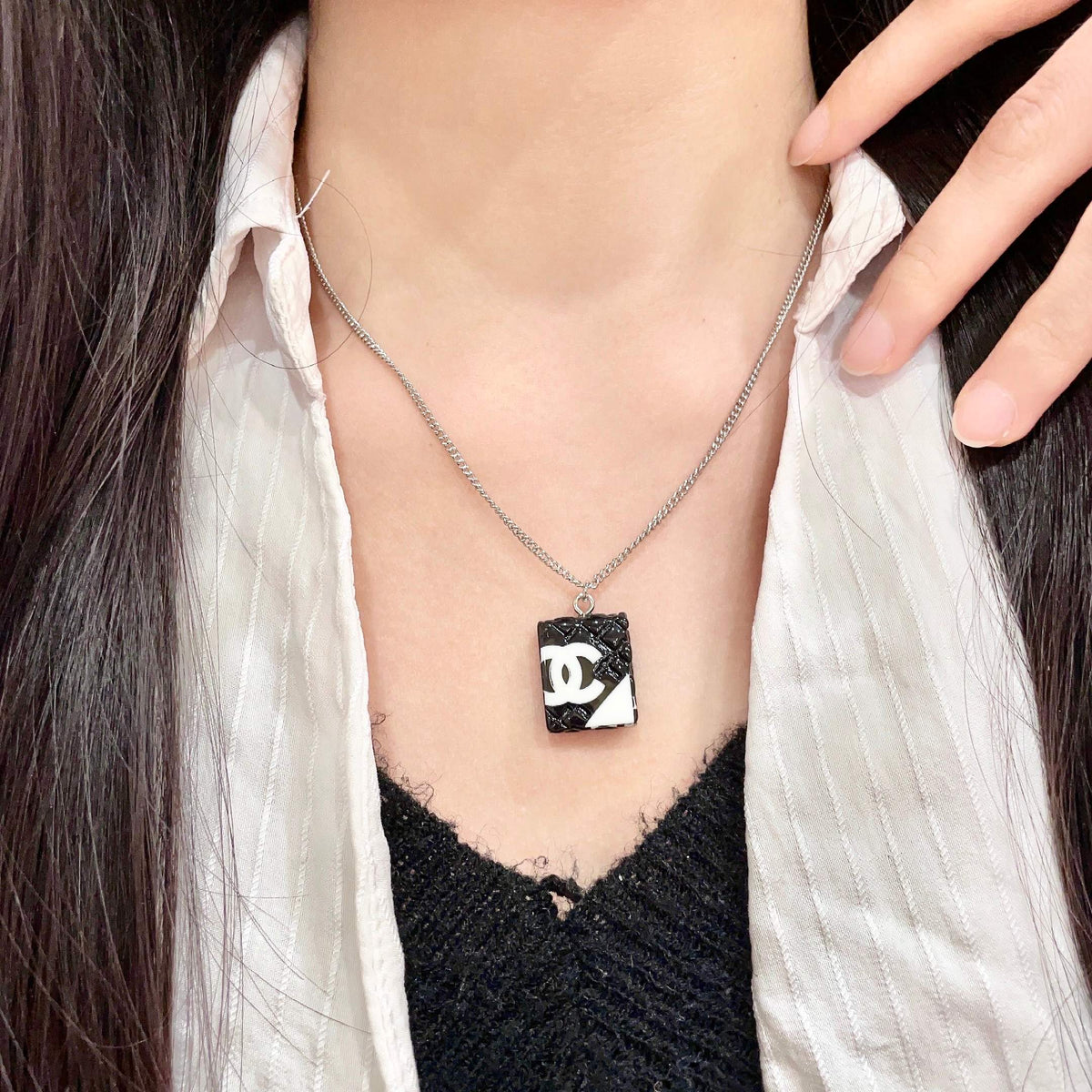 Double-C Emblem Pendant Necklace in Polished Metal-Tone – Design 040 main product view