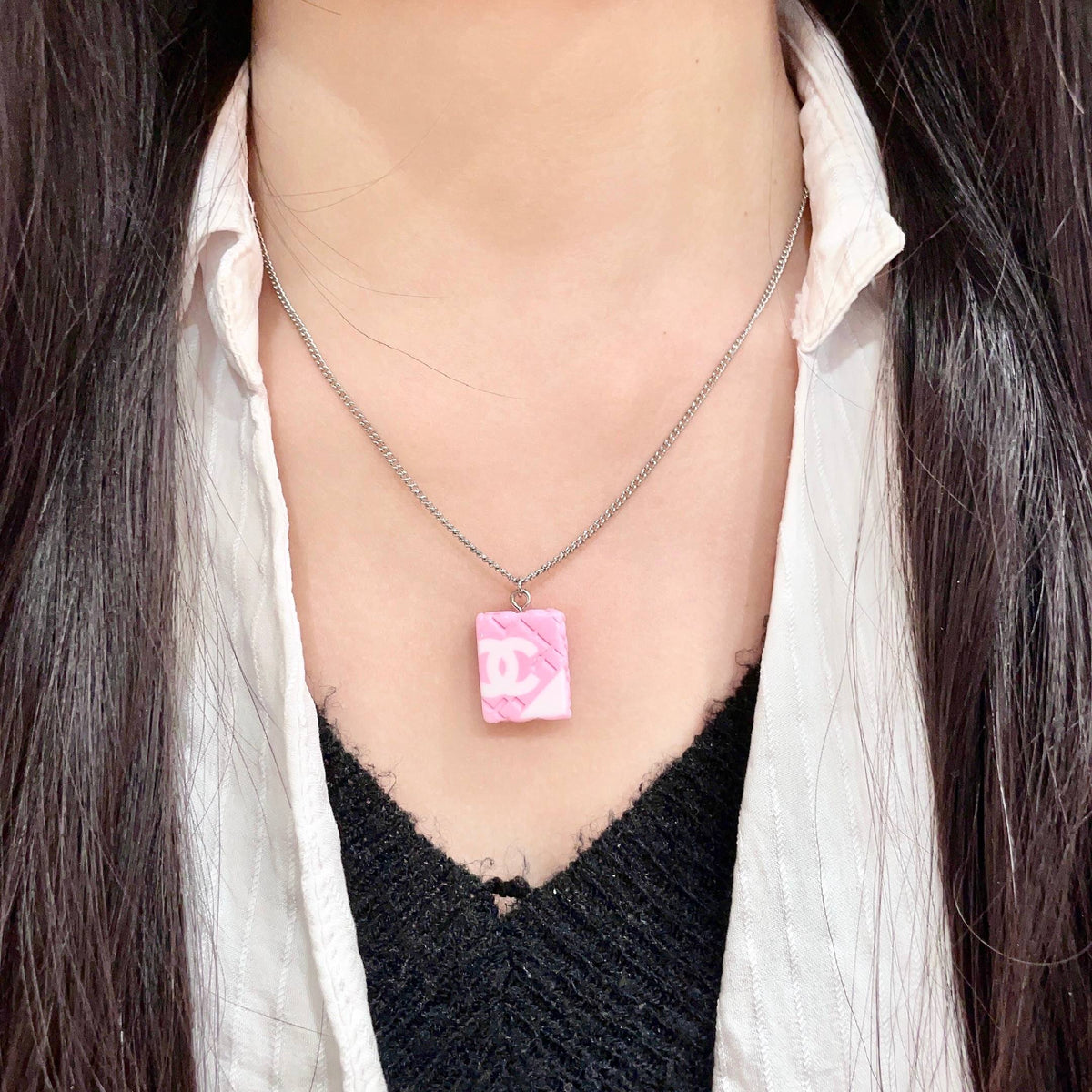 Double-C Emblem Pendant Necklace in Polished Metal-Tone – Design 039 detail view