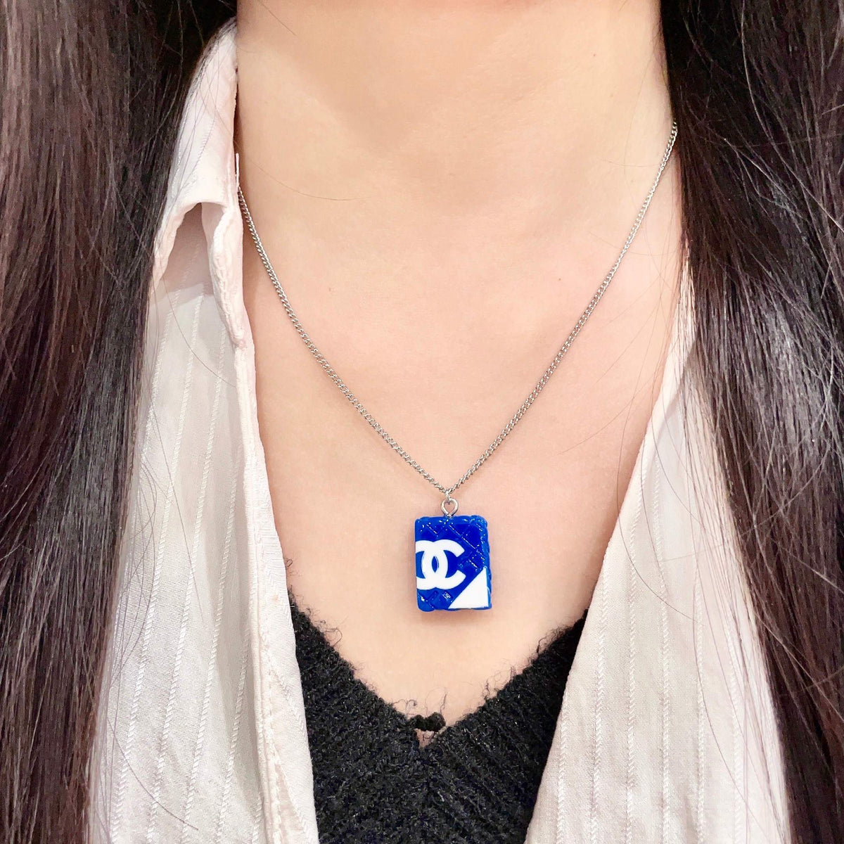 Double-C Emblem Pendant Necklace in Polished Metal-Tone – Design 041 detail view