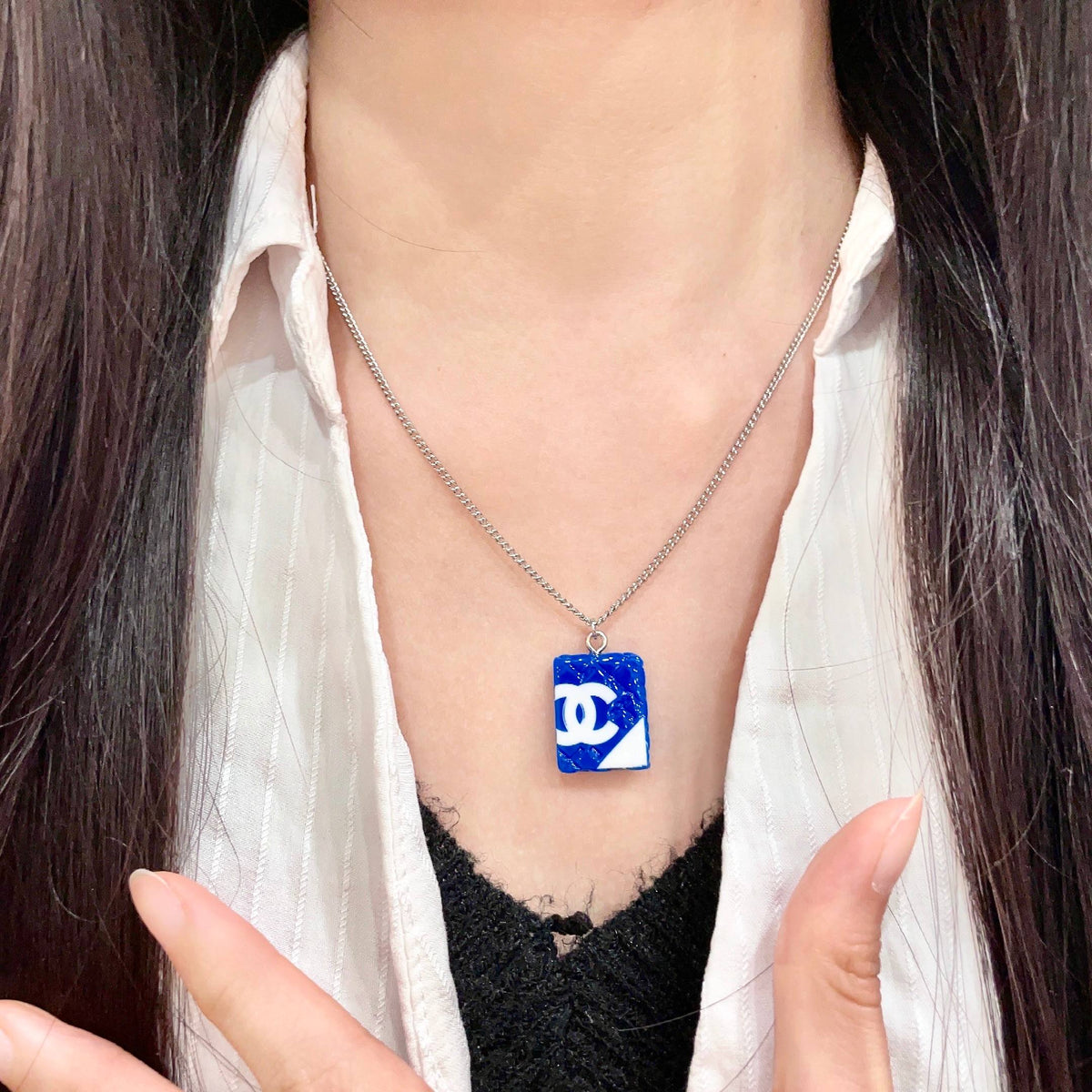 Double-C Emblem Pendant Necklace in Polished Metal-Tone – Design 038 front product view