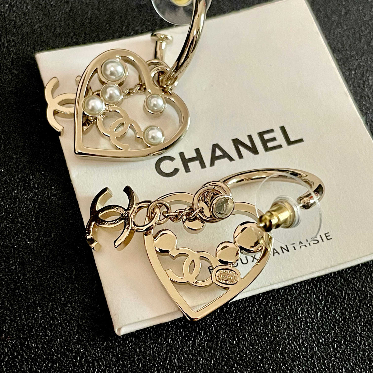 Double-C Emblem Stud Earrings in Polished Metal-Tone – Heart Detail – Design 008 main product view
