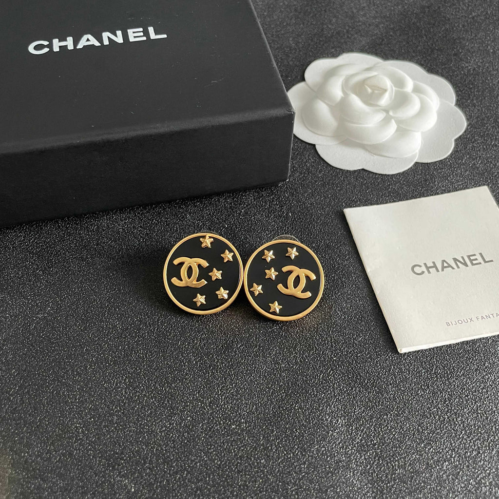 Double-C Emblem Stud Earrings in Polished Metal-Tone – Star Detail – Design 005 styled product view
