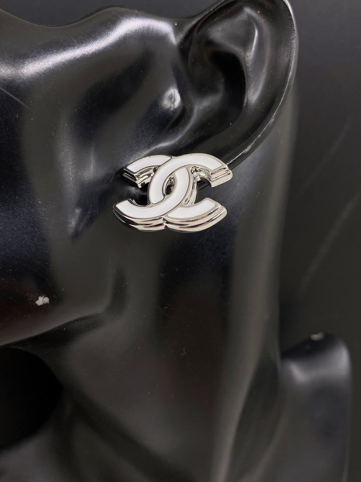 Signature Emblem Stud Earrings in Gold-Tone – White Detail – Design 004 front product view