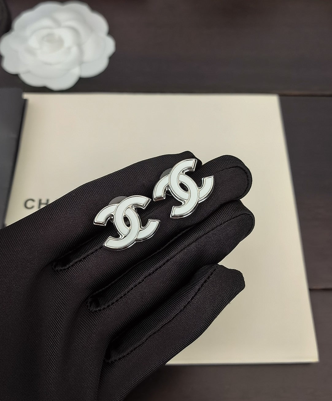 Signature Emblem Stud Earrings in Gold-Tone – White Detail – Design 004 main product view