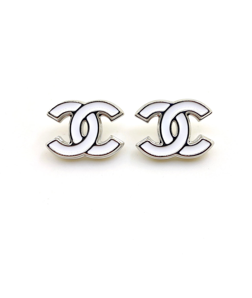 Signature Emblem Stud Earrings in Gold-Tone – White Detail – Design 004 side detail
