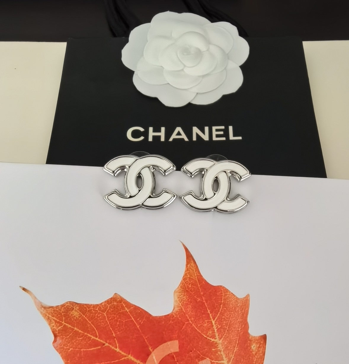 Signature Emblem Stud Earrings in Gold-Tone – White Detail – Design 004 close-up detail