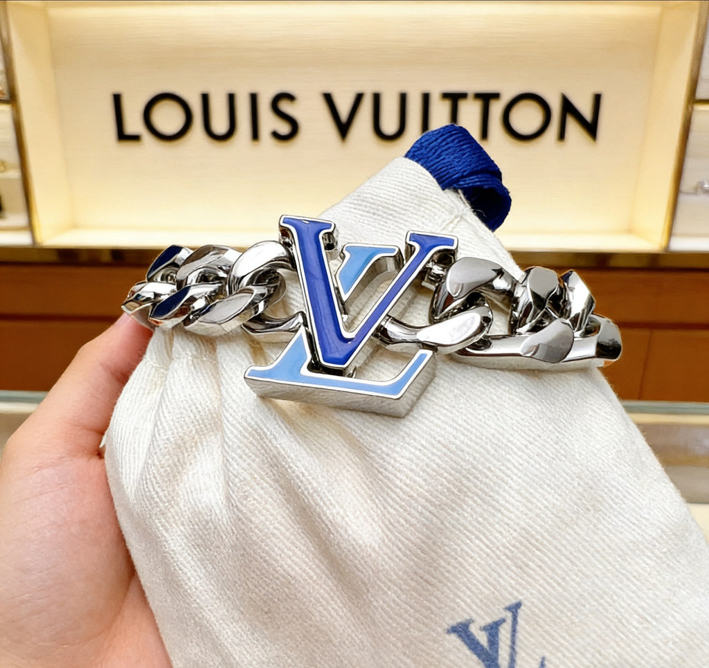 Letter Bracelet in Polished Metal-Tone – Blue Detail front product view