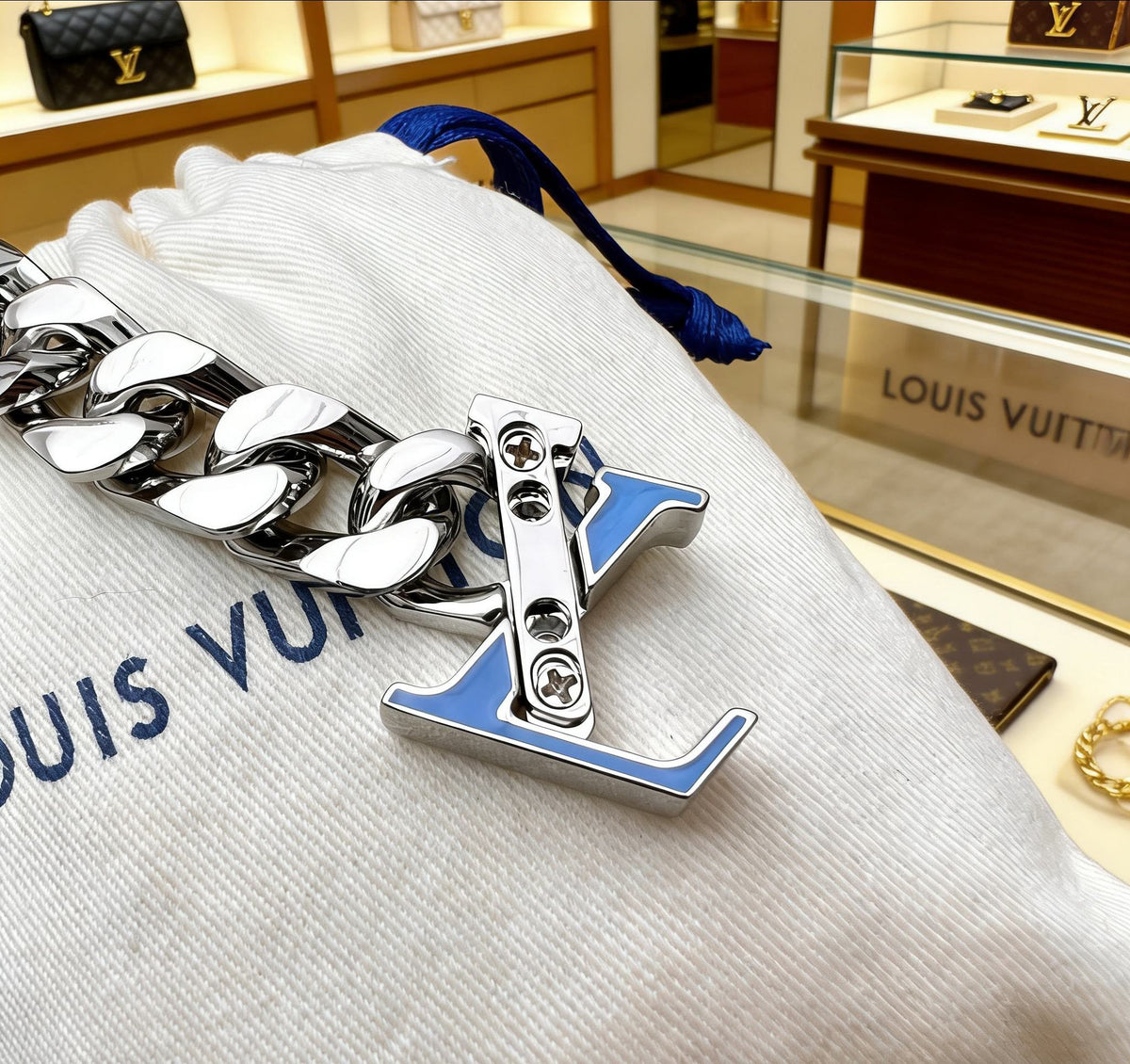 Letter Bracelet in Polished Metal-Tone – Blue Detail styled product view