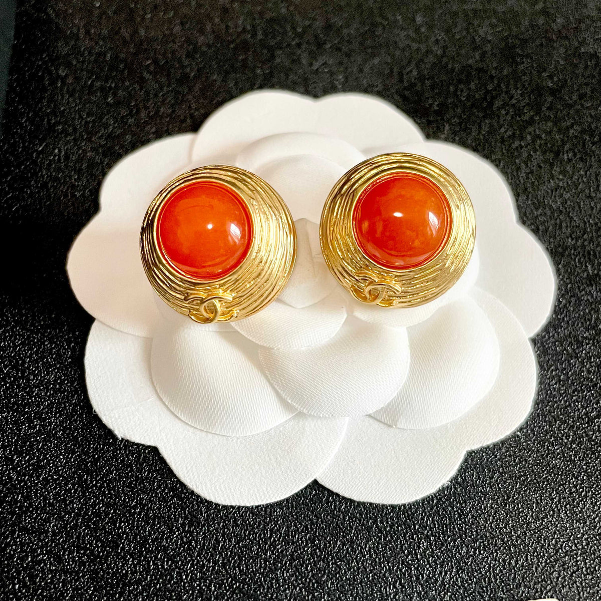 Double-C Emblem Stud Earrings in Polished Metal-Tone – Design 282 front product view