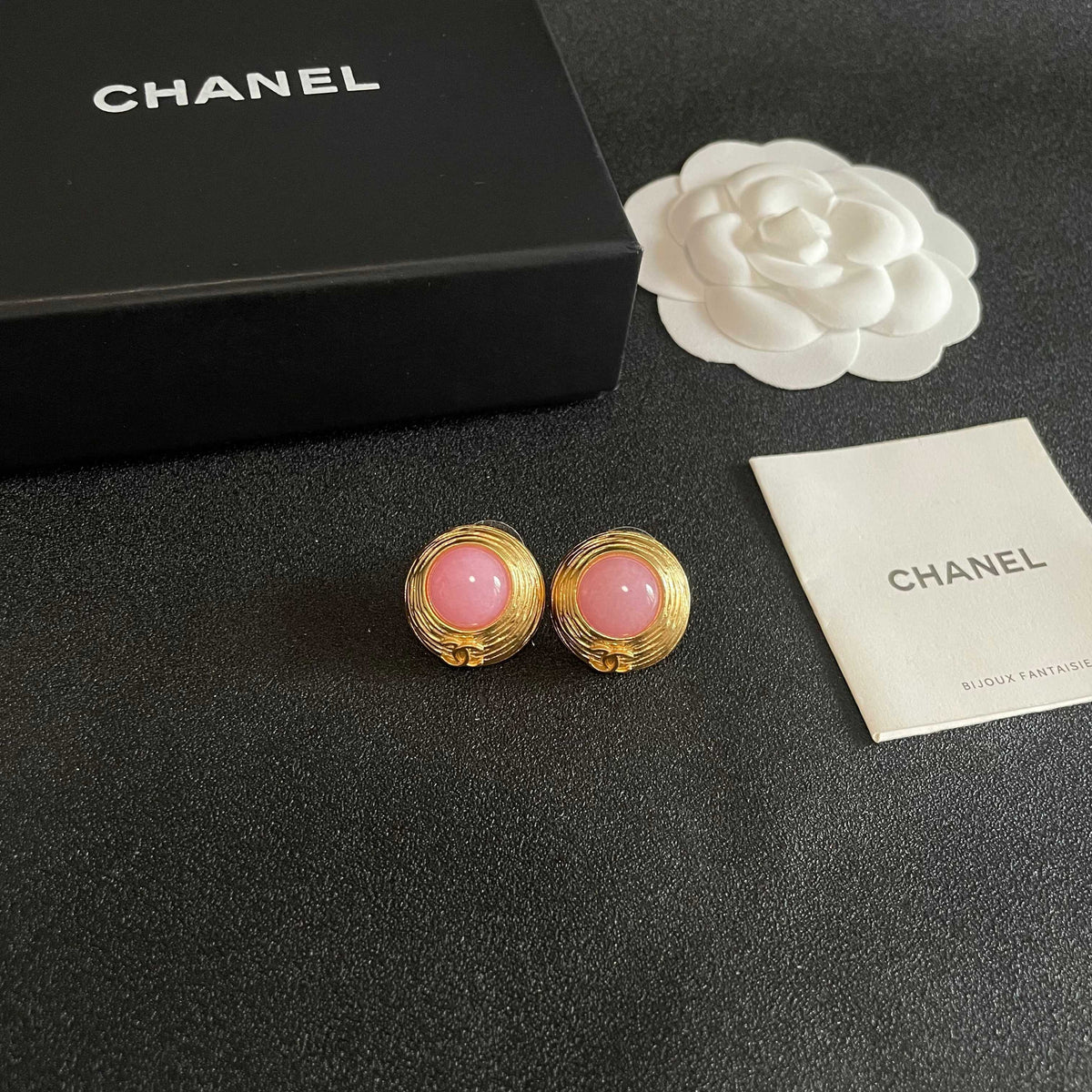 Double-C Emblem Stud Earrings in Polished Metal-Tone – Design 342 styled product view