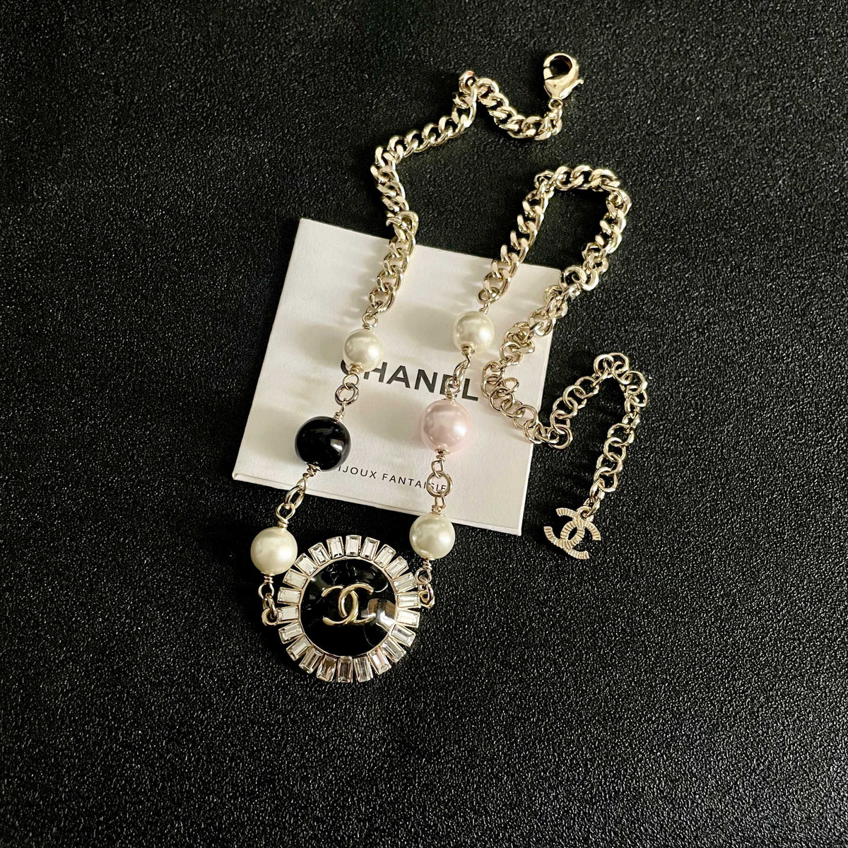 Double-C Emblem Pearl-Detail Pendant Necklace – Pearl Detail – Design 105 detail view